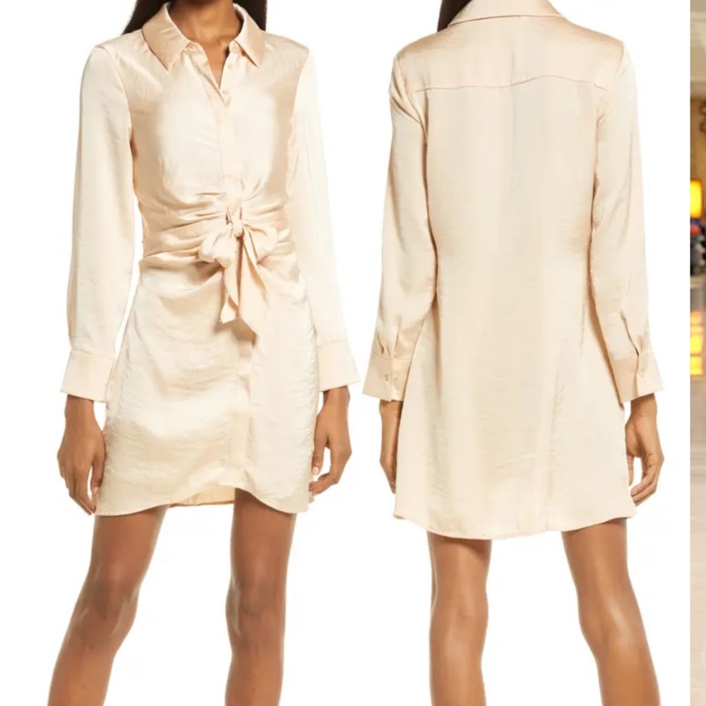 Tie Waist Long Sleeve Satin Shirt Dress. Size Small